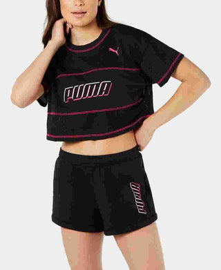 Puma Women's Modern Sports Cotton Mesh Colorblocked Cropped T-Shirt Black Size Large