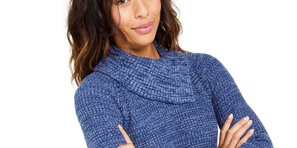 Style & Co Women's Pointelle Envelope Neck Sweater Blue Size PM