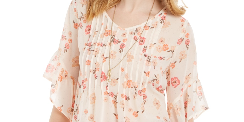 Style & Co Women's Sheer Pintuck Floral-Print Blouse Pink Size M