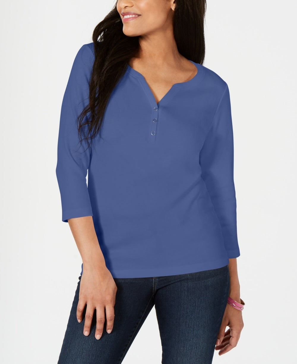 Karen Scott Women's Petite Cotton Henley Shirt Blue Size PS