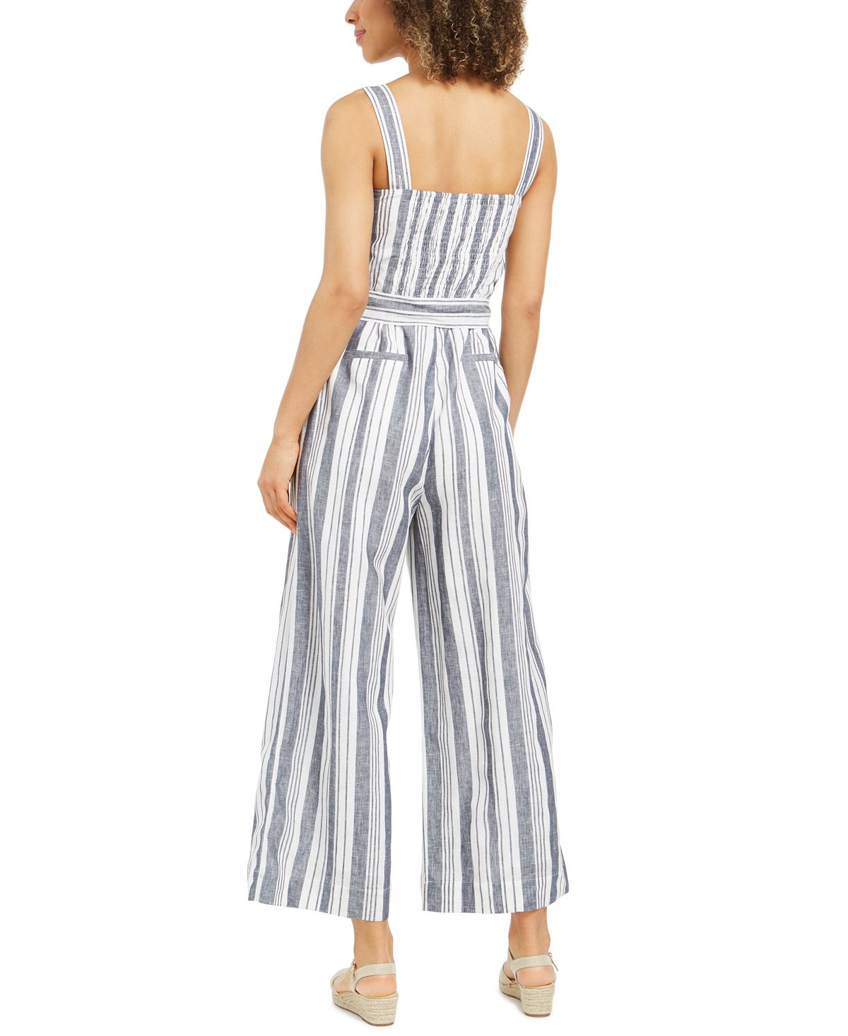 Charter Club Women's Striped Belted Jumpsuit -White Size 8