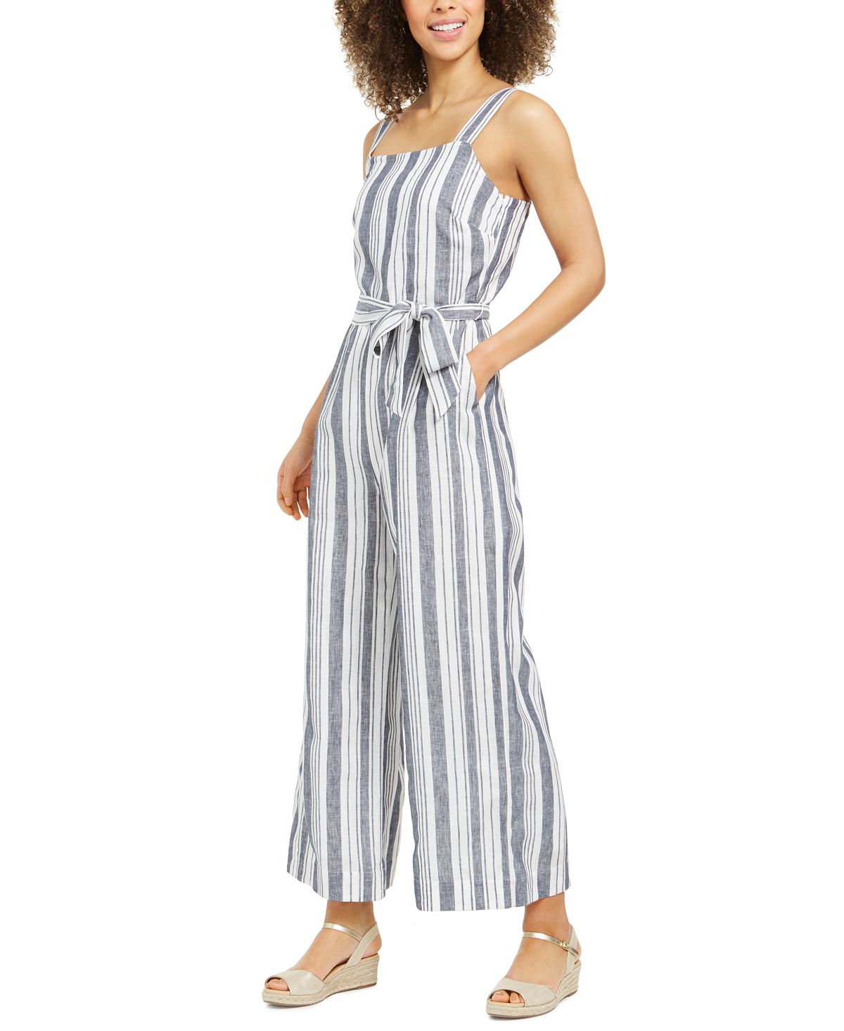 Charter Club Women's Striped Belted Jumpsuit -White Size 8