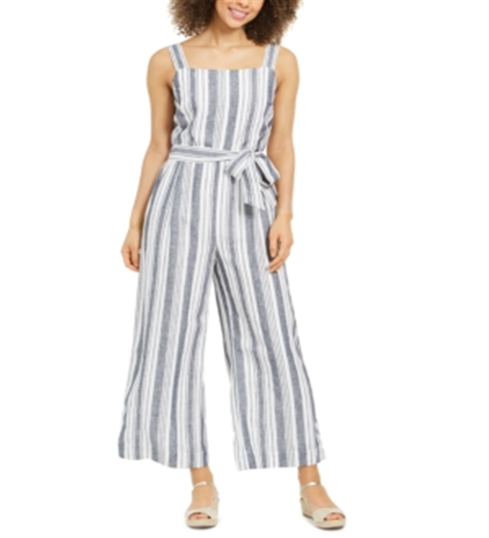 Charter Club Women's Striped Belted Jumpsuit -White Size 8