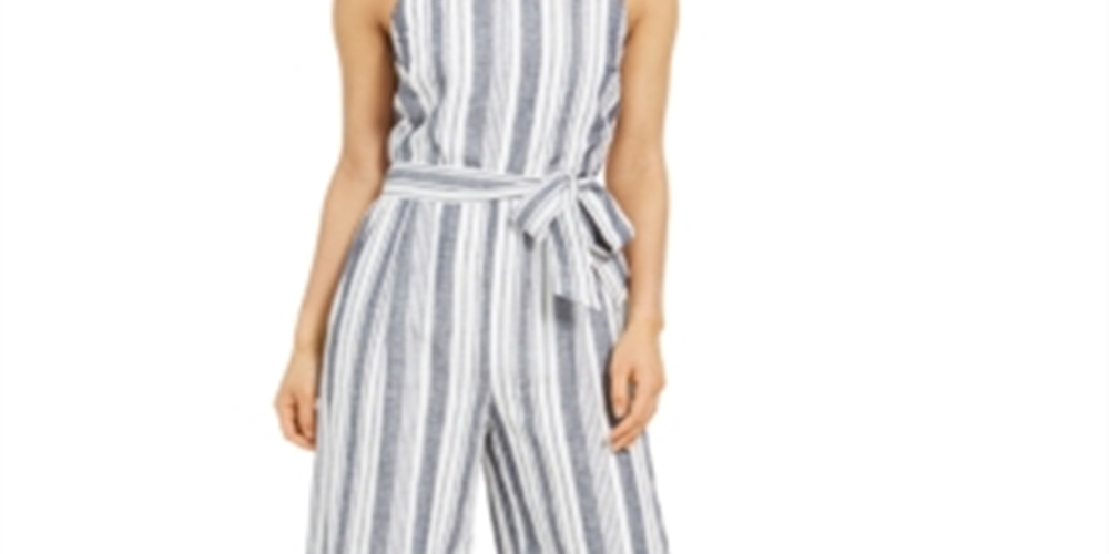 Charter Club Women's Striped Belted Jumpsuit -White Size 8