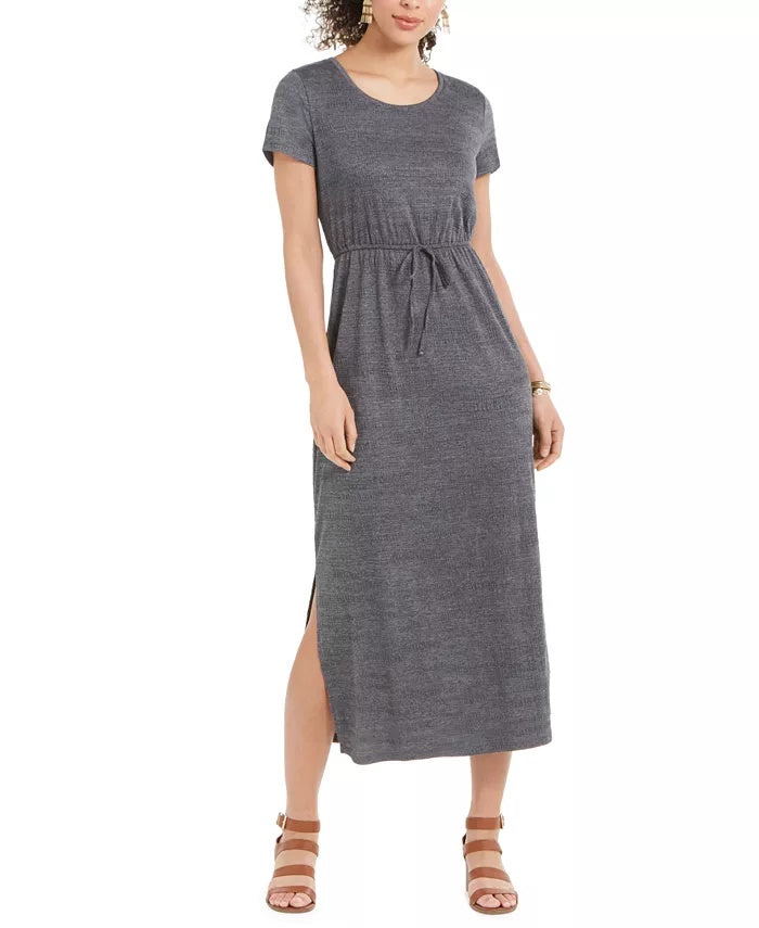 Style & Co Women's Textured Tie Waist Maxi Dress Grey Size Medium