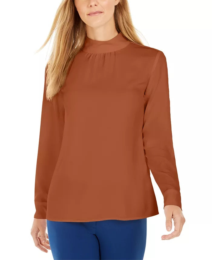 Calvin Klein Women's Mock-Neck Long-Sleeve Top Brown Size X-Large