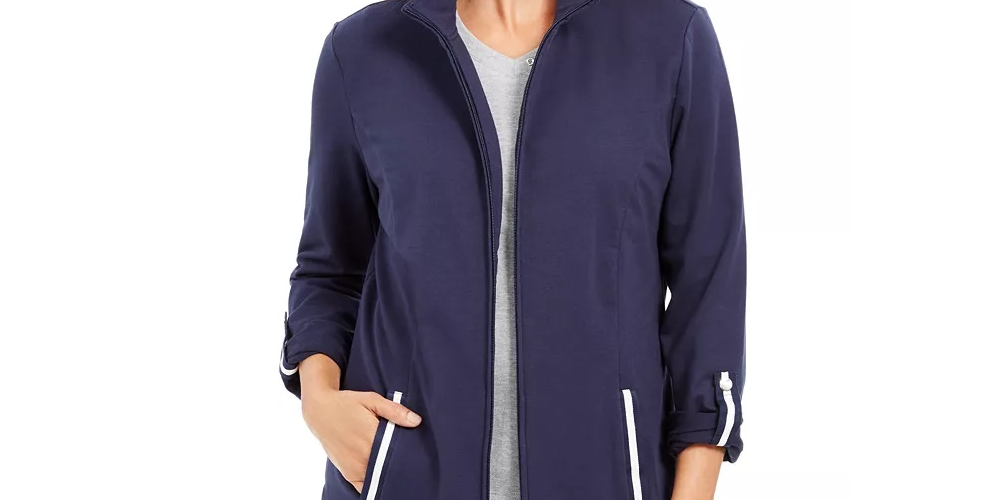 Karen Scott Women's Sport French Terry Ribbon-Trim Jacket Blue Size X-Small