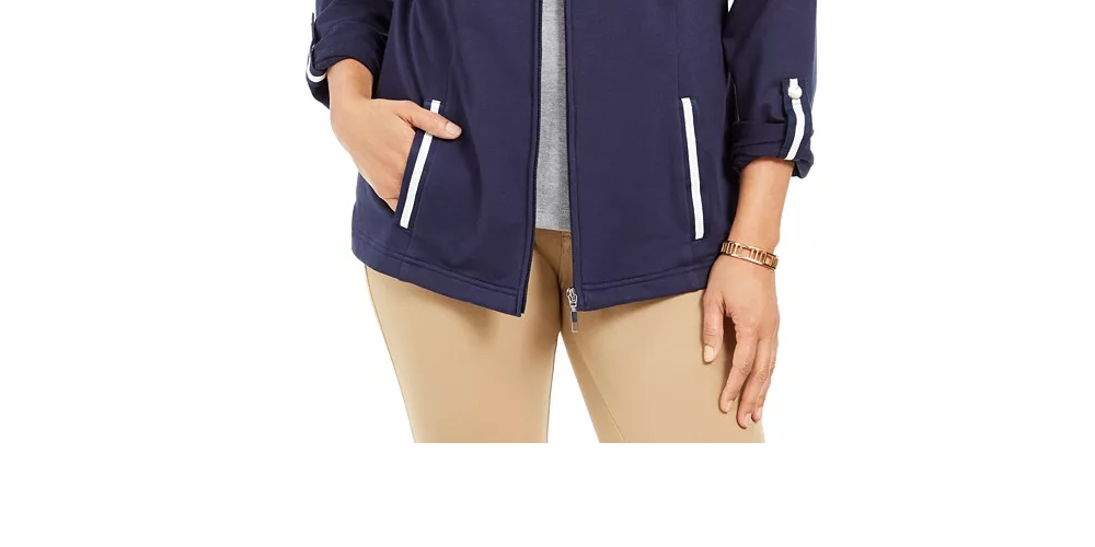Karen Scott Women's Sport French Terry Ribbon-Trim Jacket Blue Size X-Small