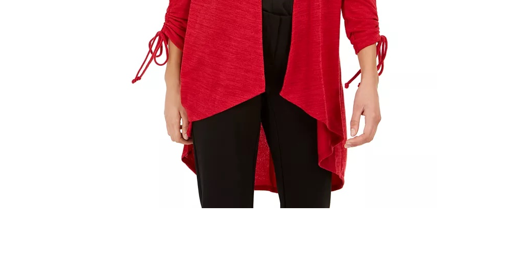 NY Collection Women's Petite Drawstring-Sleeve High-Low Sweater Red Size Petite Small