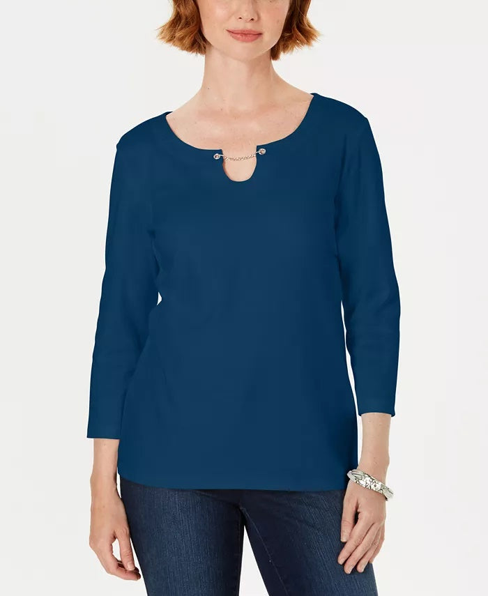 Karen Scott Women's Three-Quarter-Sleeve Top Blue Size Small