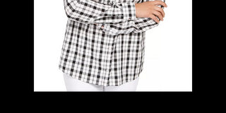 Charter Club Women's White Plaid Cuffed Button Up Top Size Medium White Size Medium