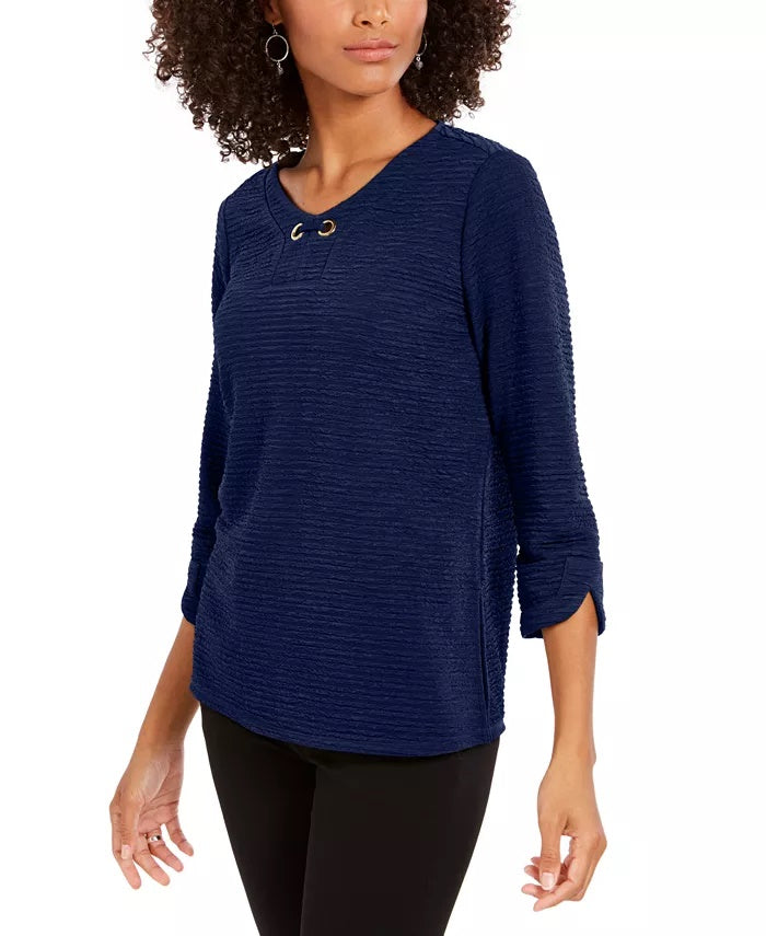 NY Collection Women's Petite 3/4-Sleeve Textured Top Blue Size Petite Medium