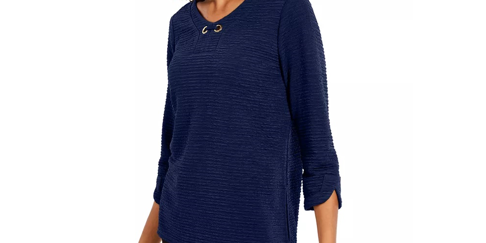 NY Collection Women's Petite 3/4-Sleeve Textured Top Blue Size Petite Medium