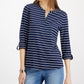 Charter Club Women's Petite Striped Split-Neck Top Blue Size Medium
