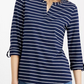 Charter Club Women's Petite Striped Split-Neck Top Blue Size Medium