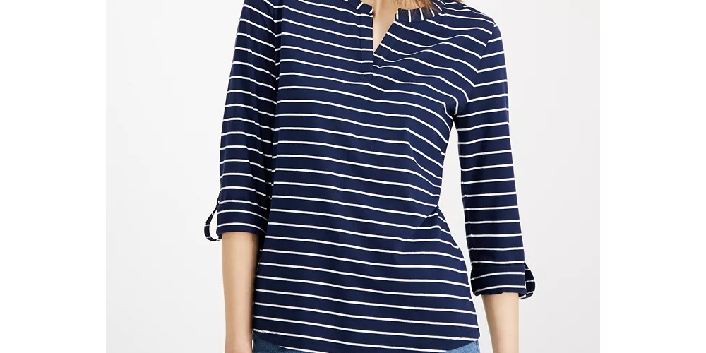 Charter Club Women's Petite Striped Split-Neck Top Blue Size Medium
