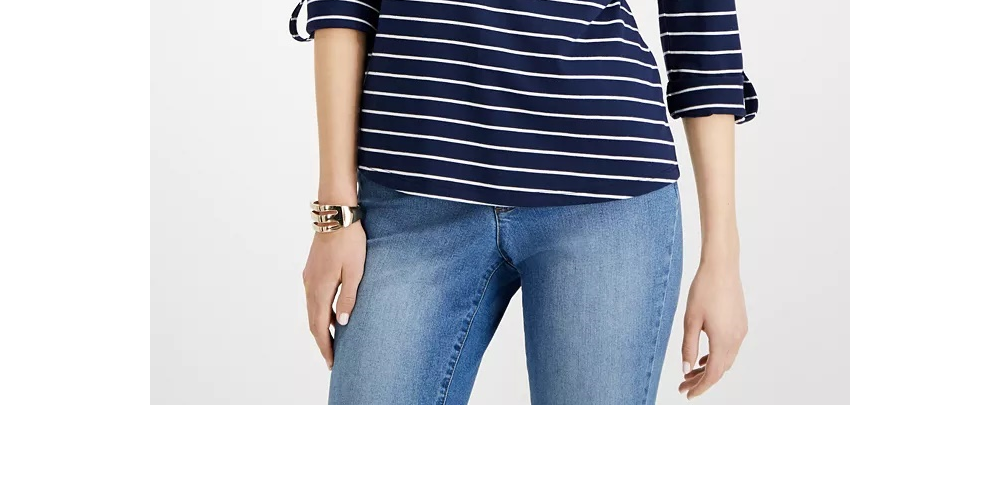 Charter Club Women's Petite Striped Split-Neck Top Blue Size Medium