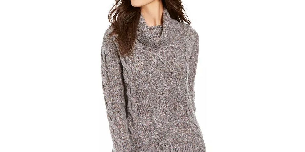 Charter Club Women's Cowl-Neck Cable-Knit Glitter Sweater Gray Size Medium