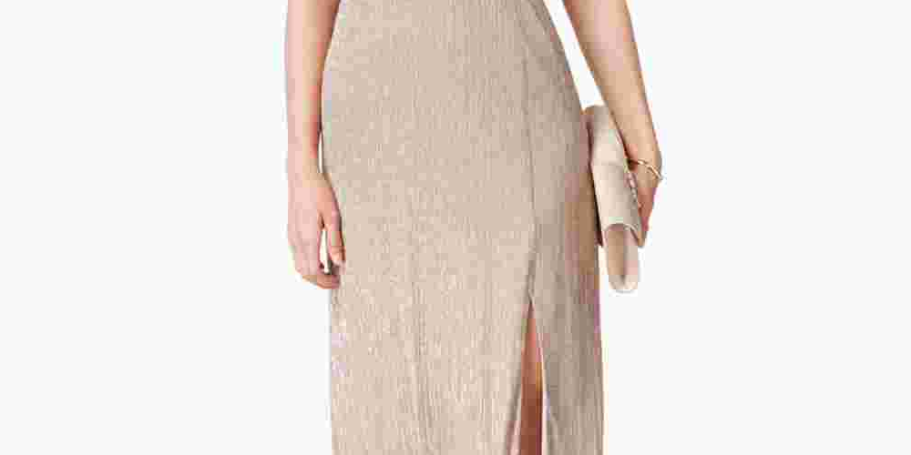 R & M Richards Women's Metallic Knit Keyhole Halter Gown Gold Size 10