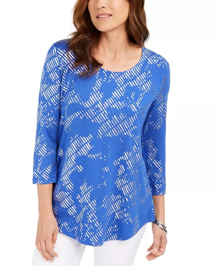 JM Collection Women's 3/4-Sleeve Printed Top Blue Size Small