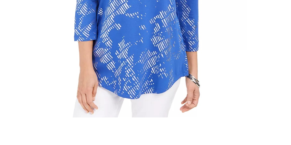 JM Collection Women's 3/4-Sleeve Printed Top Blue Size Small