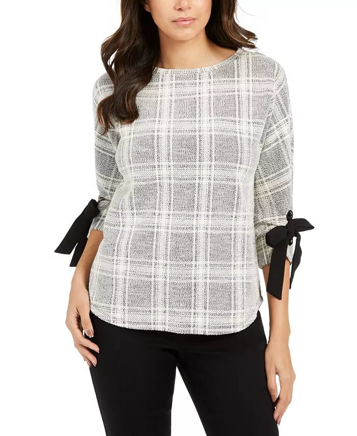 Charter Club Women's Petite Plaid Tie-Cuff Top Grey Size PS