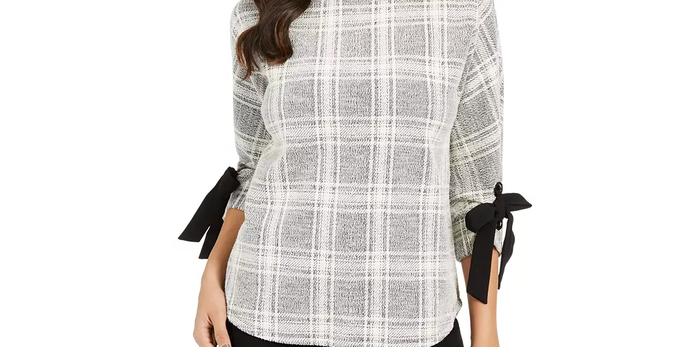 Charter Club Women's Petite Plaid Tie-Cuff Top Grey Size PS