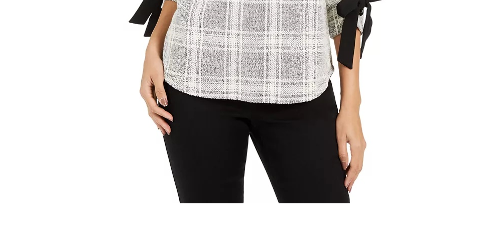 Charter Club Women's Petite Plaid Tie-Cuff Top Grey Size PS