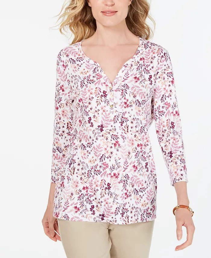 Karen Scott Women's Petite Floral-Print Henley Top White Size Petite Small