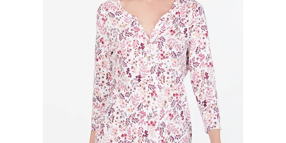 Karen Scott Women's Petite Floral-Print Henley Top White Size Petite Small