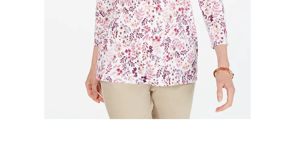 Karen Scott Women's Petite Floral-Print Henley Top White Size Petite Small