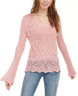 American Rag Women's Juniors' Pointelle-Knit Flared-Sleeve Sweater Pink Size Medium