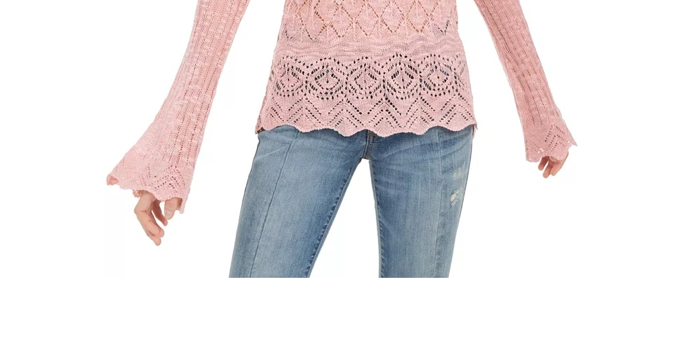 American Rag Women's Juniors' Pointelle-Knit Flared-Sleeve Sweater Pink Size Medium