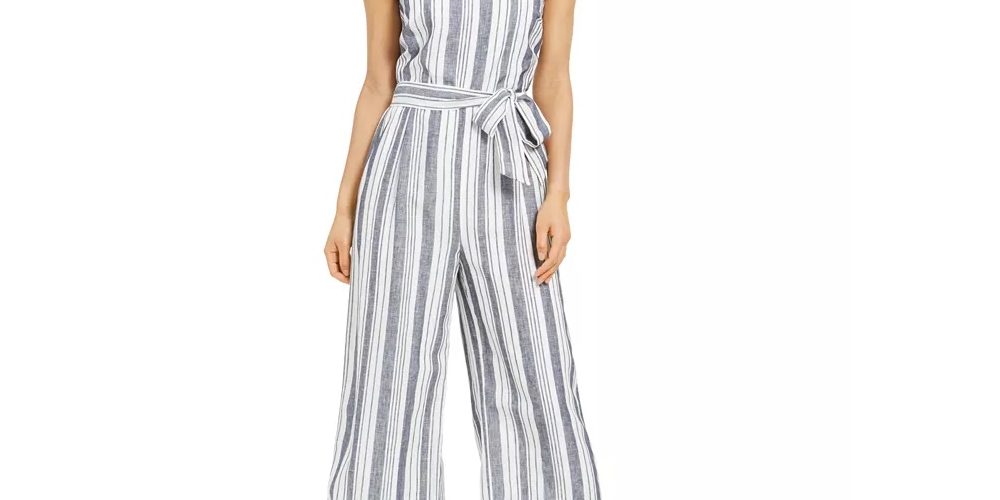 Charter Club Women's Striped Belted Jumpsuit White Size 10