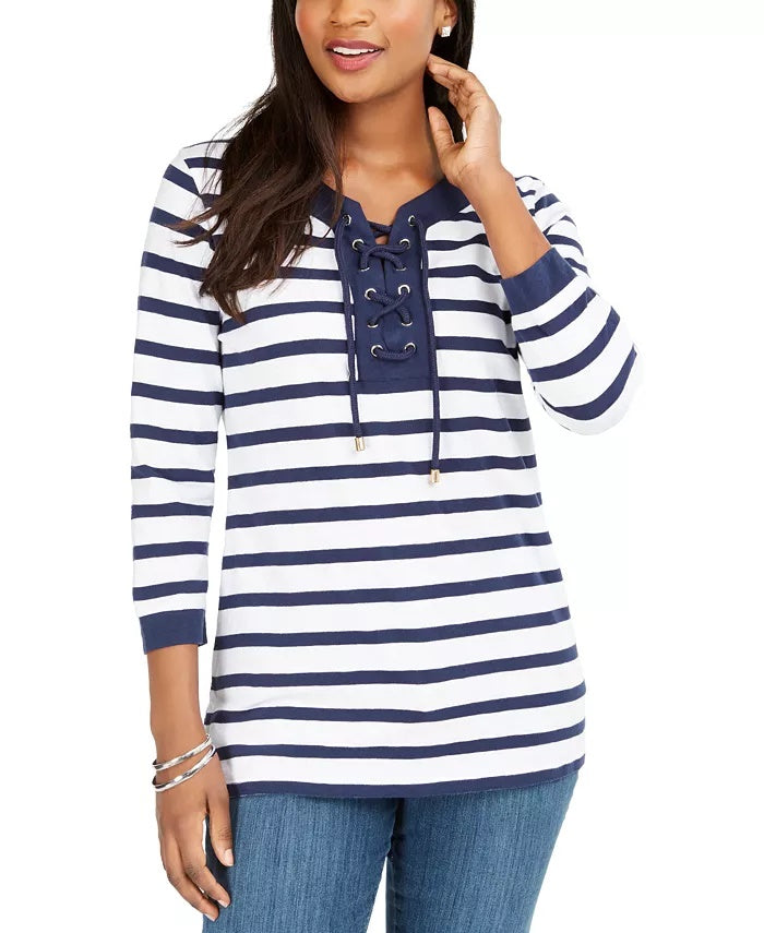 Charter Club Women's Cotton Lace-Up Grommet-Neck Tunic Blue Size XX-Large