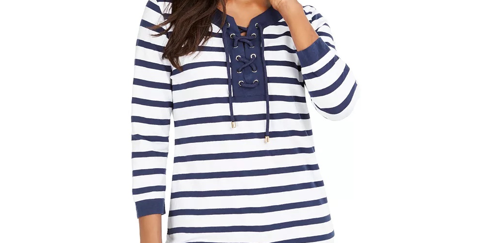 Charter Club Women's Cotton Lace-Up Grommet-Neck Tunic Blue Size XX-Large