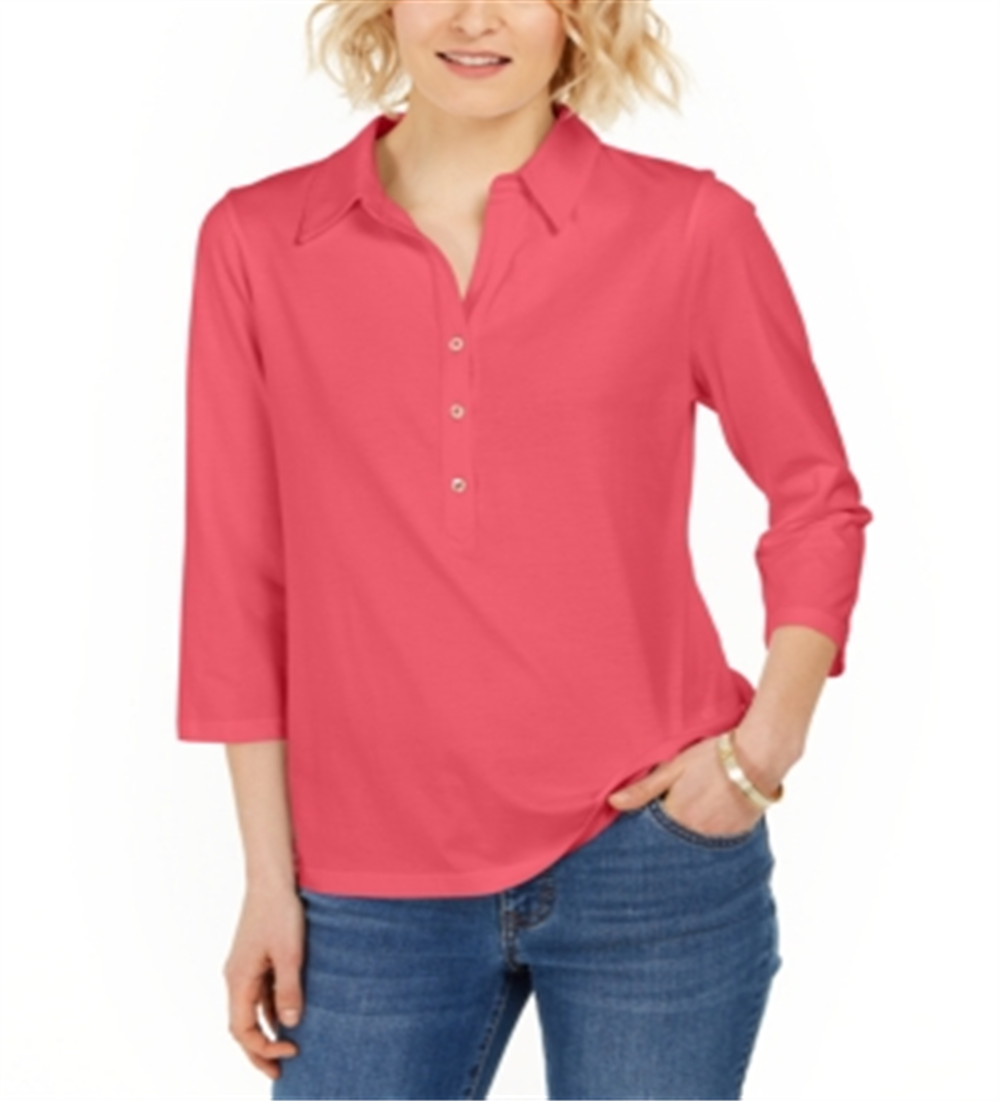 Charter Club Women's Supima Cotton 3/4 Sleeve Polo Shirt Red Size Large