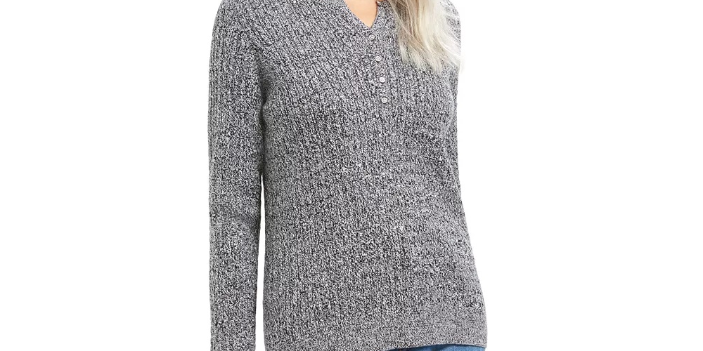 Karen Scott Women's Cable-Knit Henley Sweater Grey Size Small