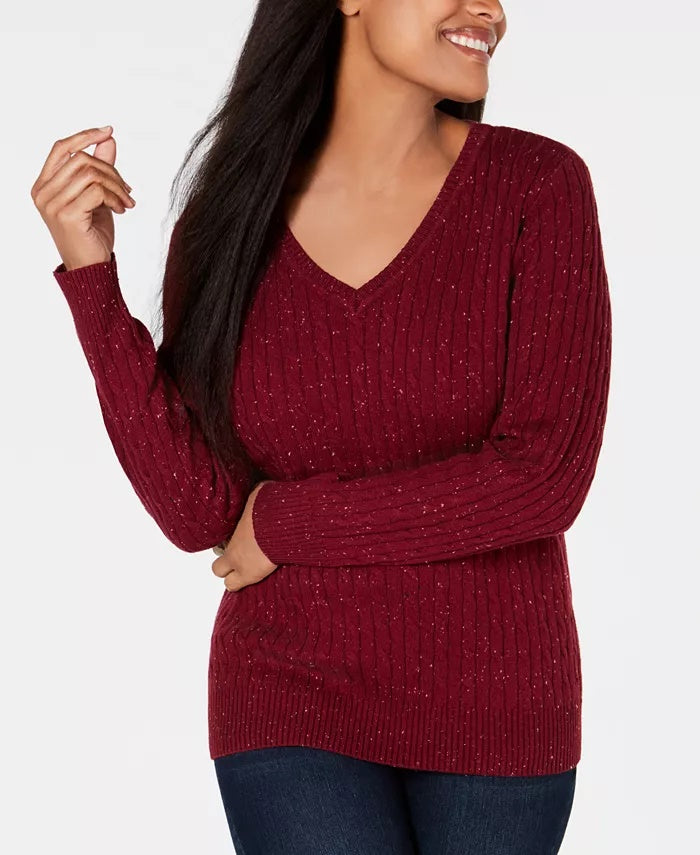 Karen Scott Women's Petite Cable-Knit V-Neck Sweater Red Size PL