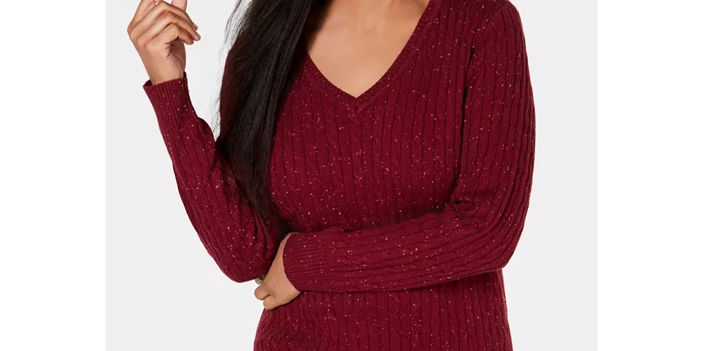 Karen Scott Women's Petite Cable-Knit V-Neck Sweater Red Size PL