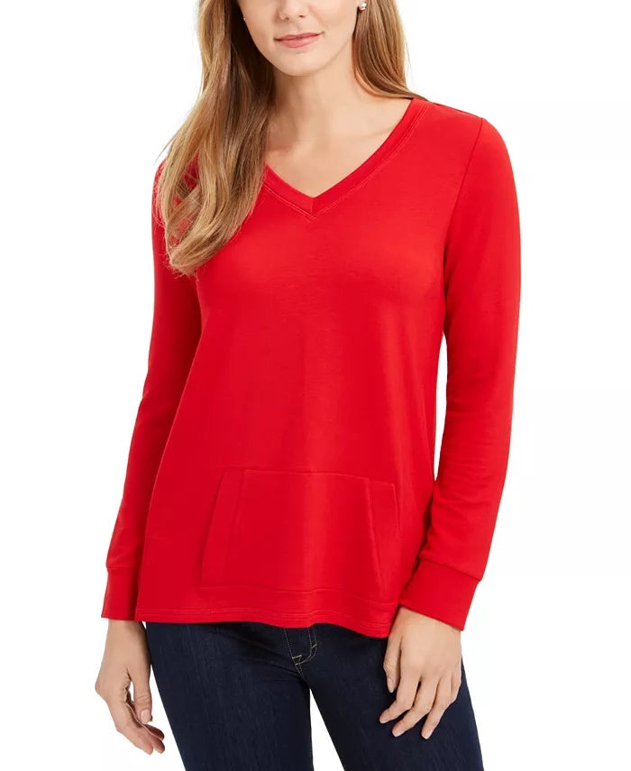 Charter Club Women's French Terry V-Neck Tunic Red Size Small