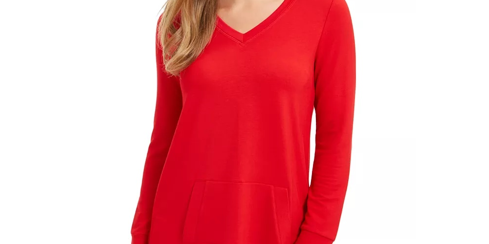 Charter Club Women's French Terry V-Neck Tunic Red Size Small