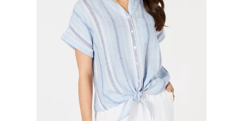 Charter Club Women's Linen Striped Tie Top Blue Size Small