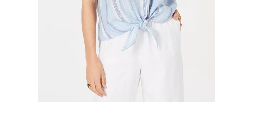 Charter Club Women's Linen Striped Tie Top Blue Size Small