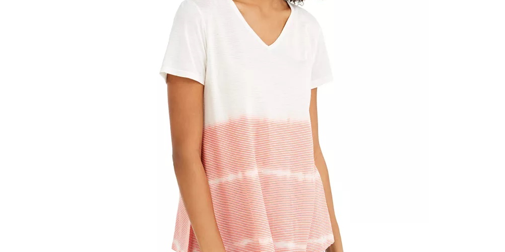 Style & Co Women's Tie-Dyed V-Neck Linen-Blend Top Beige  Size Small