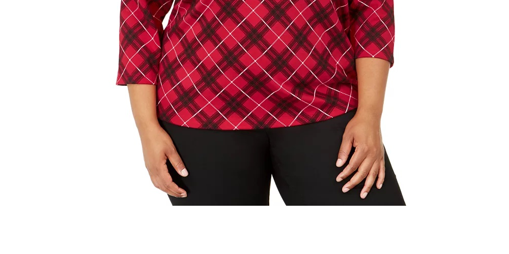Karen Scott Women's Plus Size Plaid 3/4-Sleeve Top Bright Red Size 0X