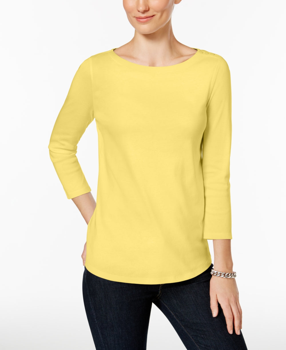 Charter Club Women's Petite Button-Shoulder Top Yellow Size Petite Small