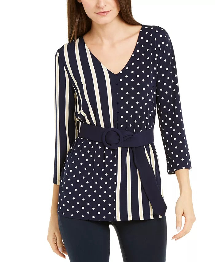 Alfani Women's Women S Petite Mixed-Print Belted Top Blue Size Petite X-Large