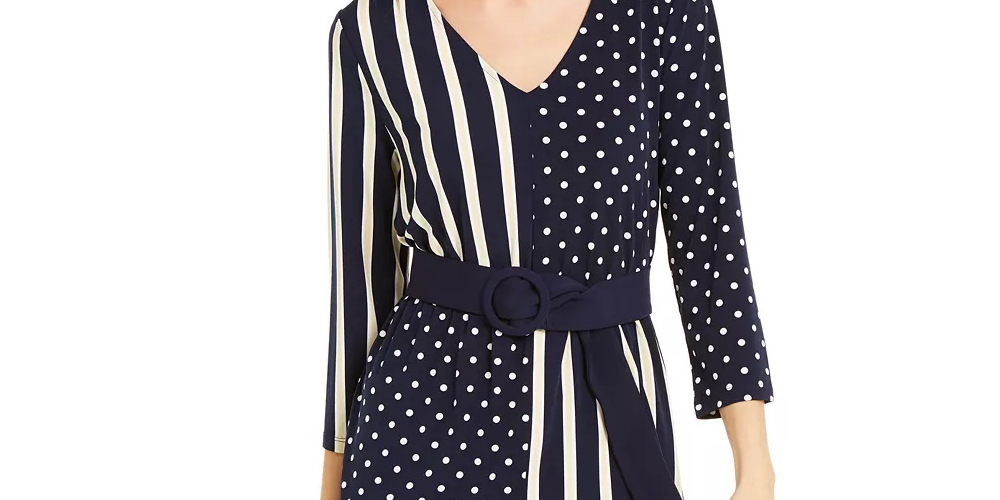 Alfani Women's Women S Petite Mixed-Print Belted Top Blue Size Petite X-Large