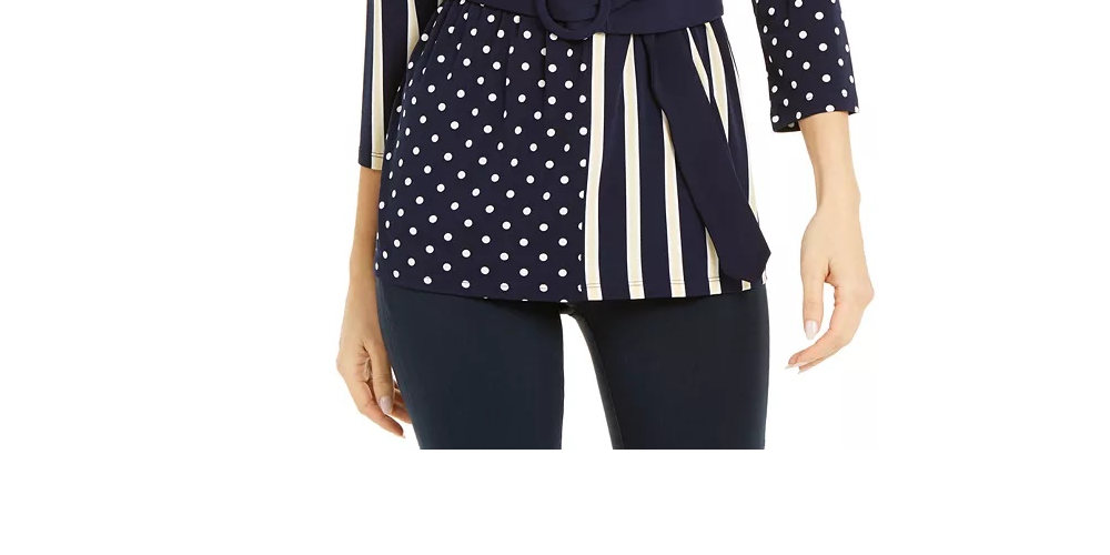 Alfani Women's Women S Petite Mixed-Print Belted Top Blue Size Petite X-Large